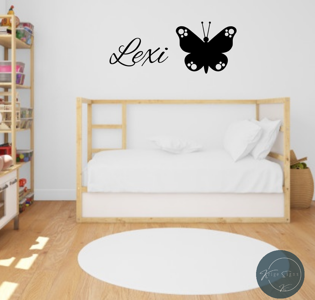 50171 - "Butterfly and Name"  matt vinyl wall art decal for sizes of decals see photo section, in colour of your choice see chart.