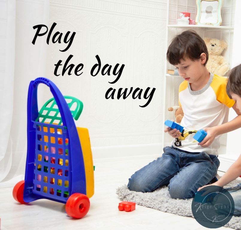 50178 - "Play the day away" matt vinyl wall art decal see photo section for decal sizes in any colour of your choice see colour chart.